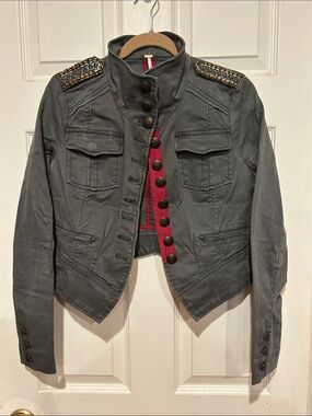 Free People Charcoal Gray Military-Style Embellished Epaulet Jacket